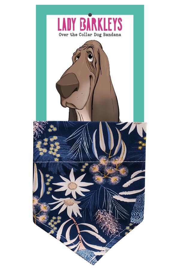 Beautiful Blue Australian Floral Print Over the Collar Dog Bandana – Slide-On Design - Handmade over-the-collar dog bandana, stylish and comfortable for pets.