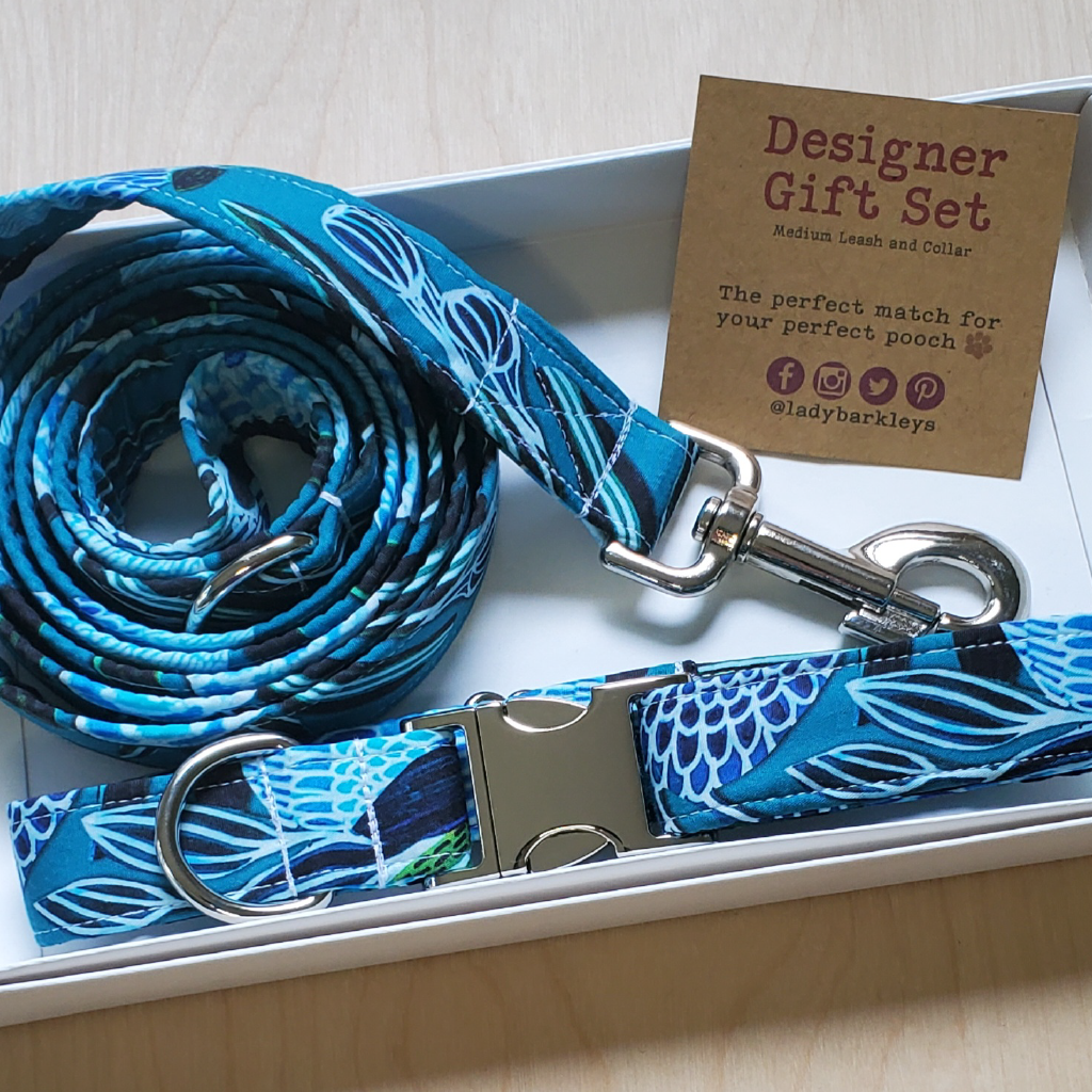 Handmade Australian Blue Banksia Handcrafted Dog Collar and Leash Set – Soft, high-quality fabric and durable design.