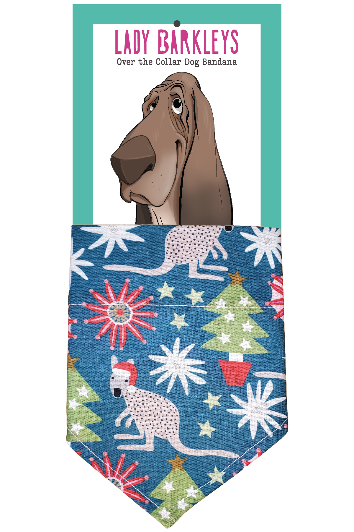 Kangaroo Christmas Over the Collar Dog Bandana – Slide-On Design - Handmade over-the-collar dog bandana, stylish and comfortable for pets.
