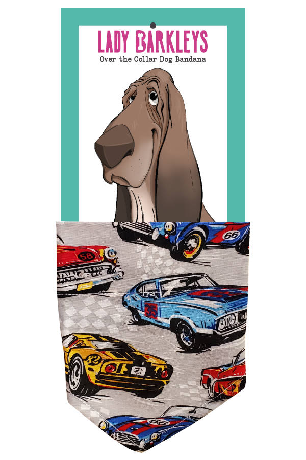 Hot Rod Print Over the Collar Dog Bandana – Slide-On Design - Handmade over-the-collar dog bandana, stylish and comfortable for pets.