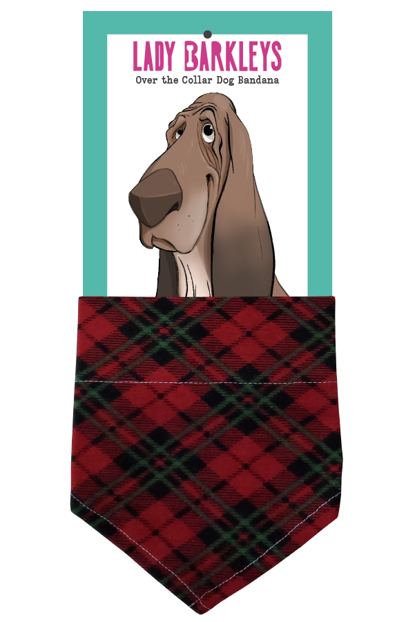 Handmade Red Snuggly Soft Red Green and Black Dog Bandana with a slide-on collar design, featuring ultra-soft flannel fabric. Perfect for holiday celebrations.