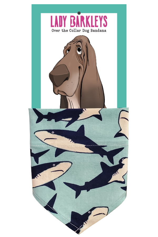 Shark Print Over the Collar Dog Bandana – Slide-On Design - Handmade over-the-collar dog bandana, stylish and comfortable for pets.