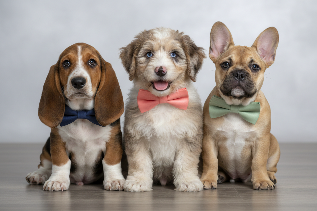 create a photorealistic image that is 1920 x 900px of 3 different adorable puppies. The first puppy should be a basset hound. The second puppy should be an aussie doodle. The third dog should be a frenchie. All three puppies should be wearing bowties that are different colors that compliment each other