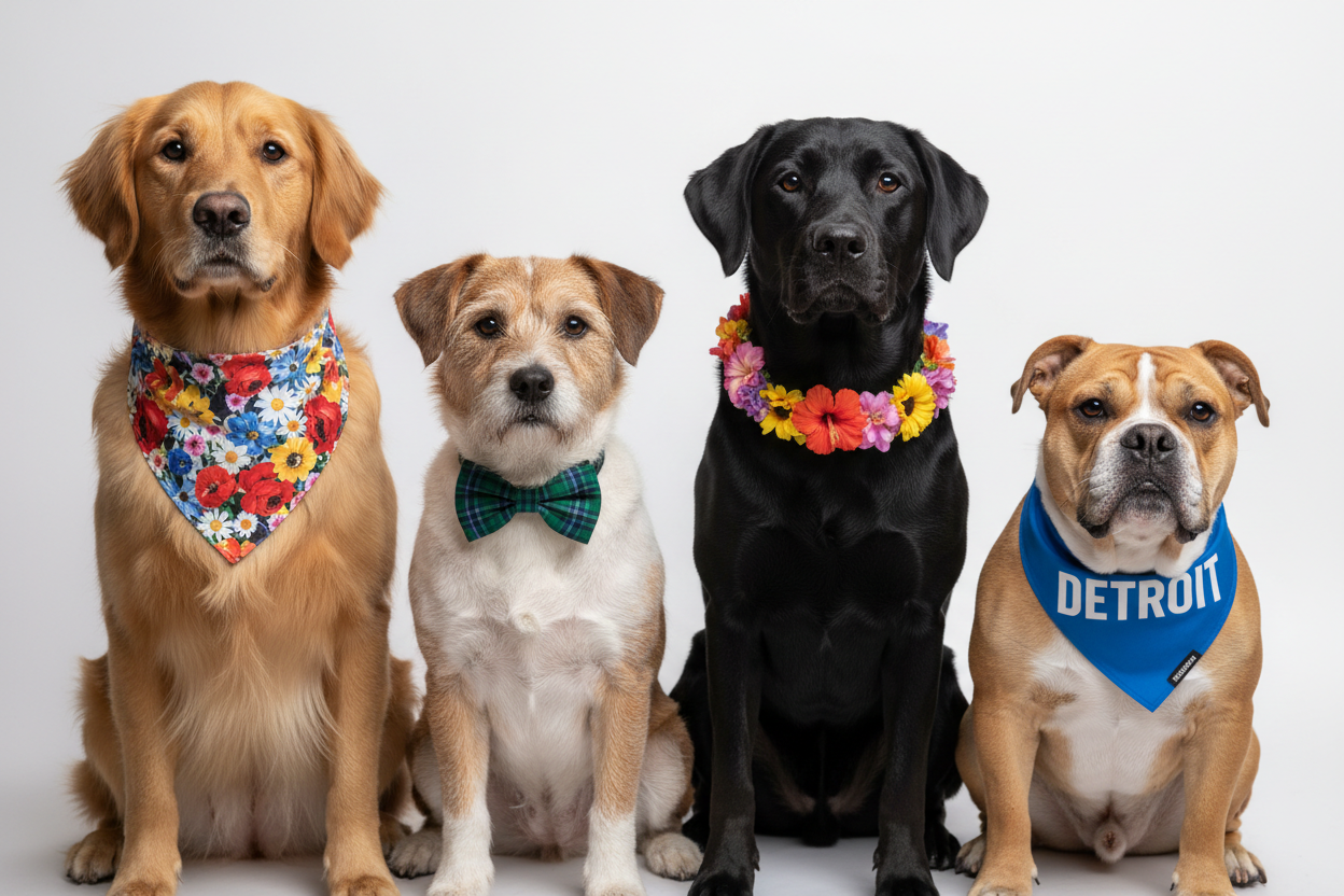 create an image that is 1920 x 900px of 4 different dogs sitting next to each other. The first should be wearing a beautiful floral bandana, the second should be wearing a green tartan bow tie, the third should be wearing a beautiful floral collar, the last dog should be wearing a bandana that says Detroit on it