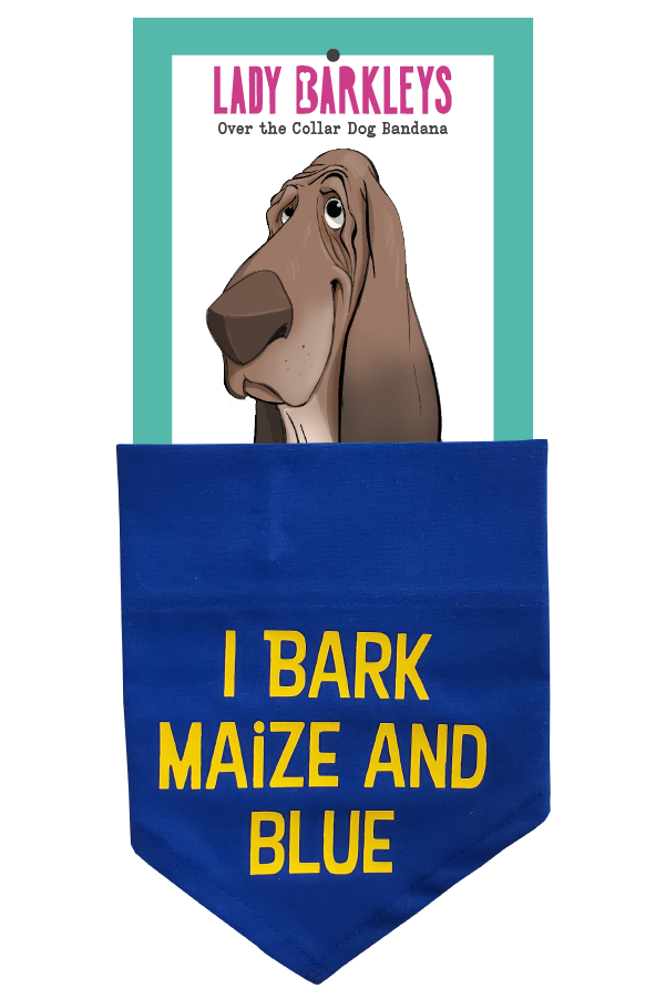 I Bark Maize and Blue Over the Collar Dog Bandana – Slide On Design - Handmade over-the-collar dog bandana, stylish and comfortable for pets.