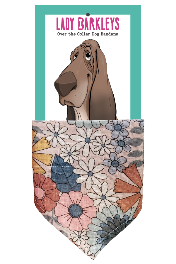 Retro Floral Vibe Over the Collar Dog Bandana – Slide On Design - Handmade over-the-collar dog bandana, stylish and comfortable for pets.