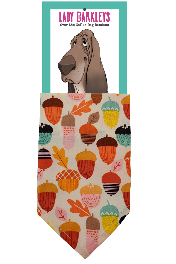 Autumn Kawaii Acorn Print Over the Collar Dog Bandana – Slide-On Design - Handmade over-the-collar dog bandana, stylish and comfortable for pets.