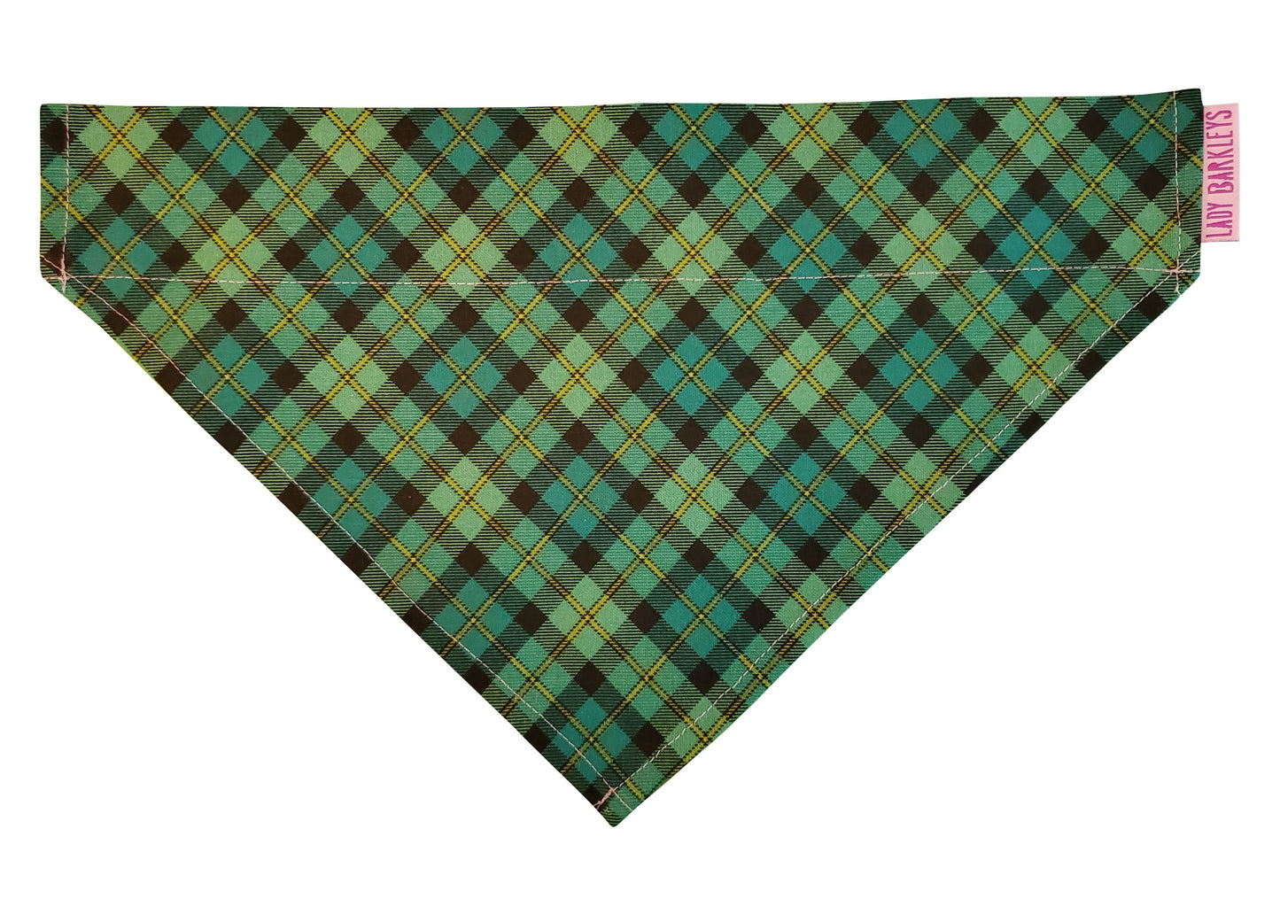 Green plaid over-the-collar dog bandana, handmade in the USA by Lady Barkleys.