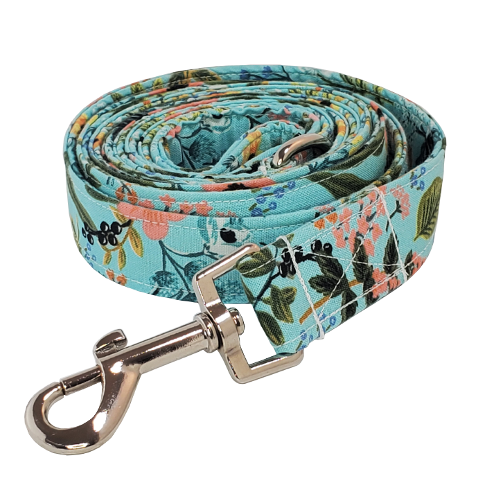 Gorgeous Light Blue Floral Dog Leash - High-quality handmade dog leash from Lady Barkleys.