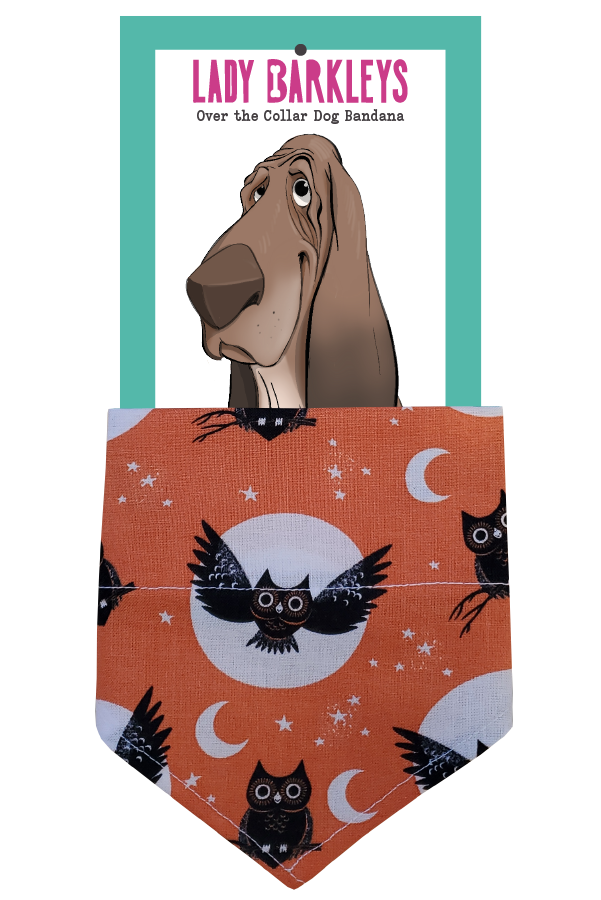 Retro Owl Halloween Over the Collar Dog Bandana - Handmade over-the-collar dog bandana, stylish and comfortable for pets.