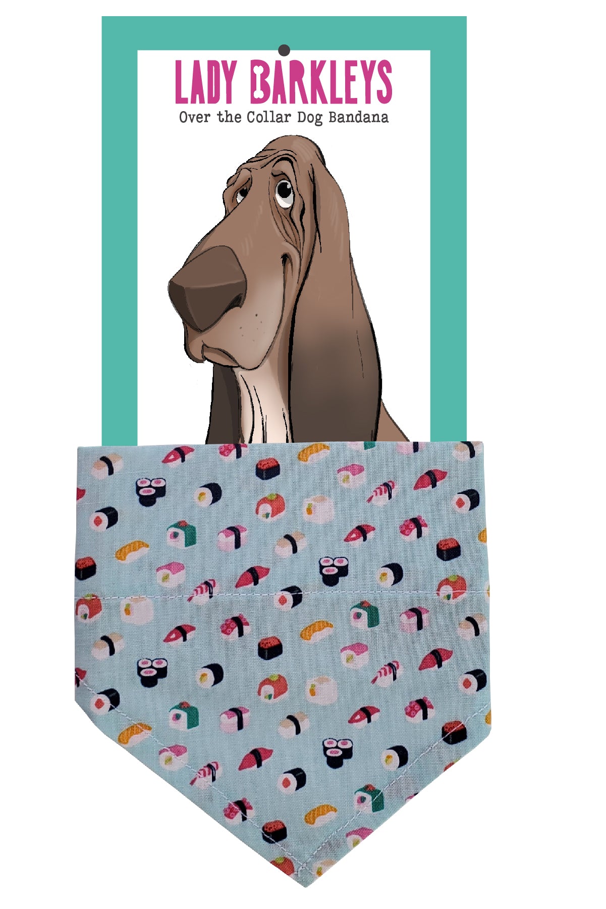 Sushi Print Over the Collar Dog Bandana – Slide-On Design - Handmade over-the-collar dog bandana, stylish and comfortable for pets.