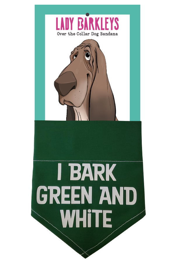 I Bark Green and White Over the Collar Dog Bandana – Slide-On Design - Handmade over-the-collar dog bandana, stylish and comfortable for pets.