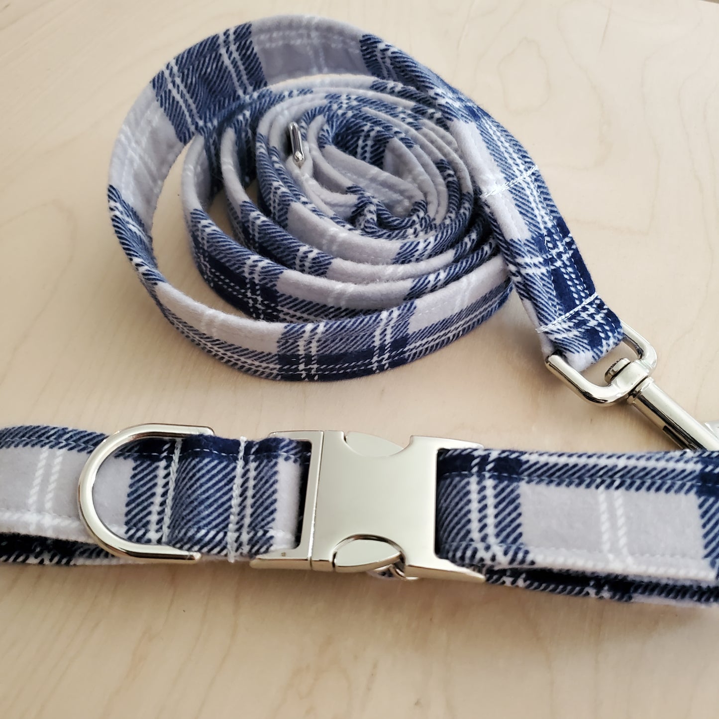 Grey and Blue Flannel Matching Dog Collar and Leash Set