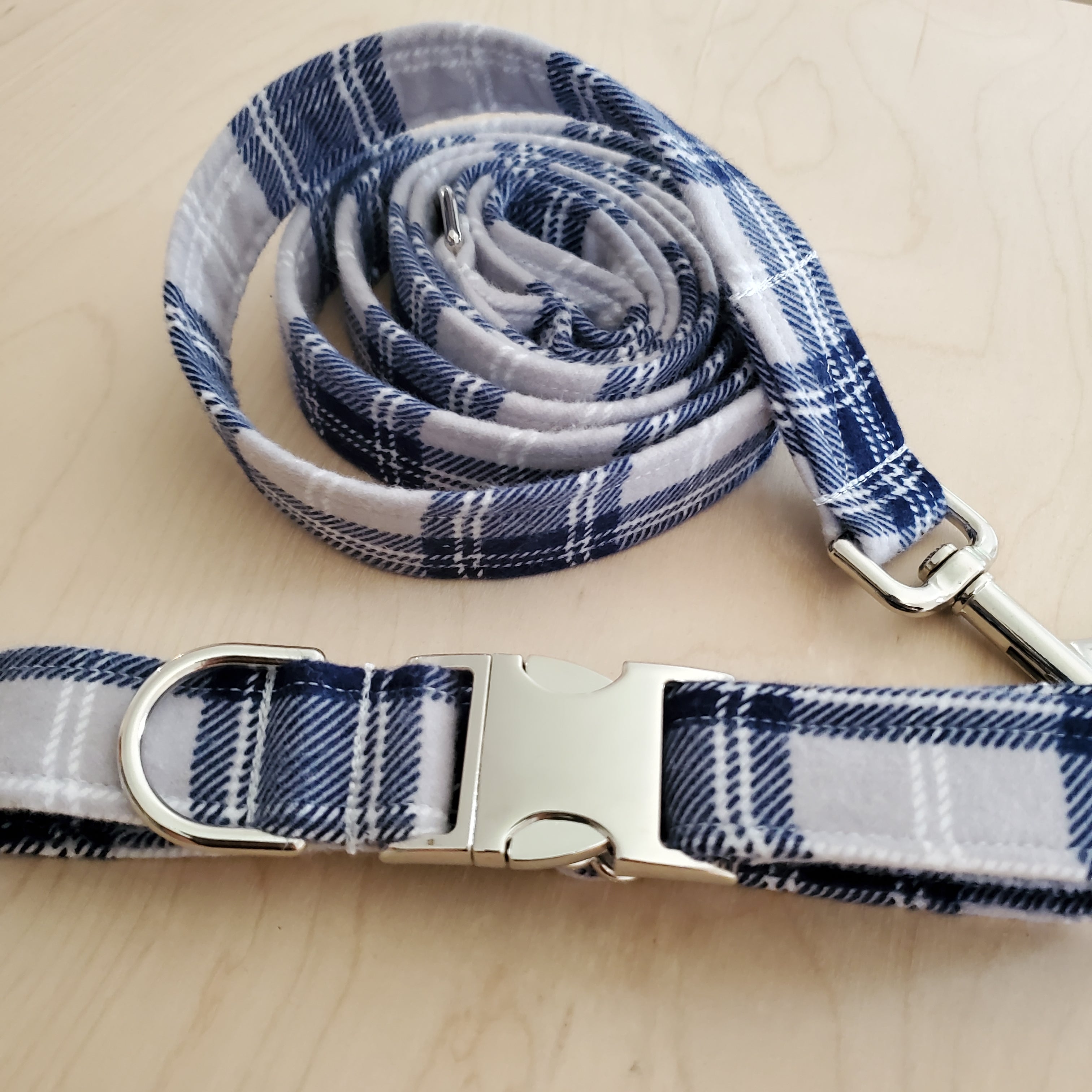 Grey and Blue Flannel Matching Dog Collar and Leash Set – Handmade in Michigan with durable metal hardware.