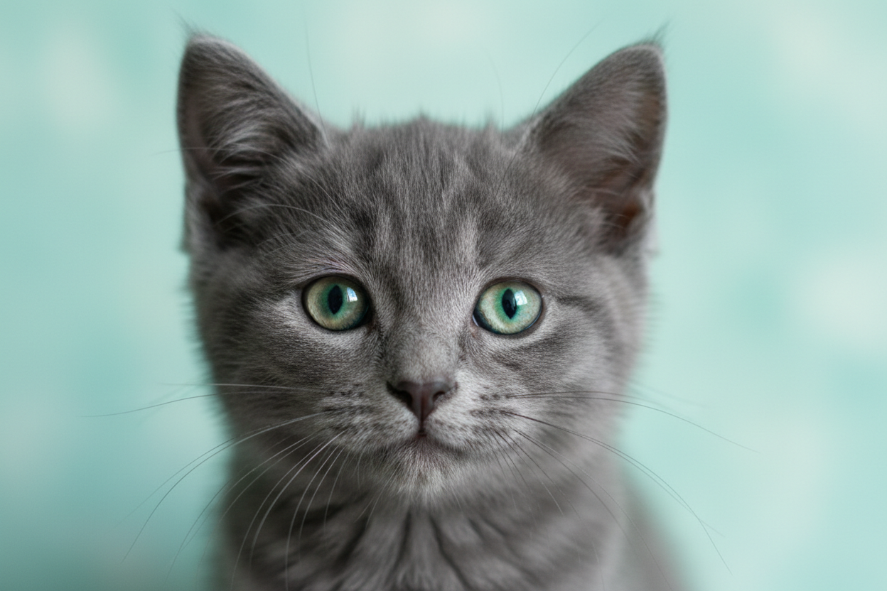 a close up of the face of an adorable photo realistic kitten with big green eyes. the cat should be grey and the background should be a hazy light turquoise