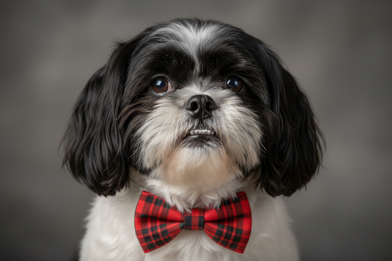 create a photorealistic image or a black and white schitzu with an underbite wearing a red plaid bowtie. The background should be hazy grey tones