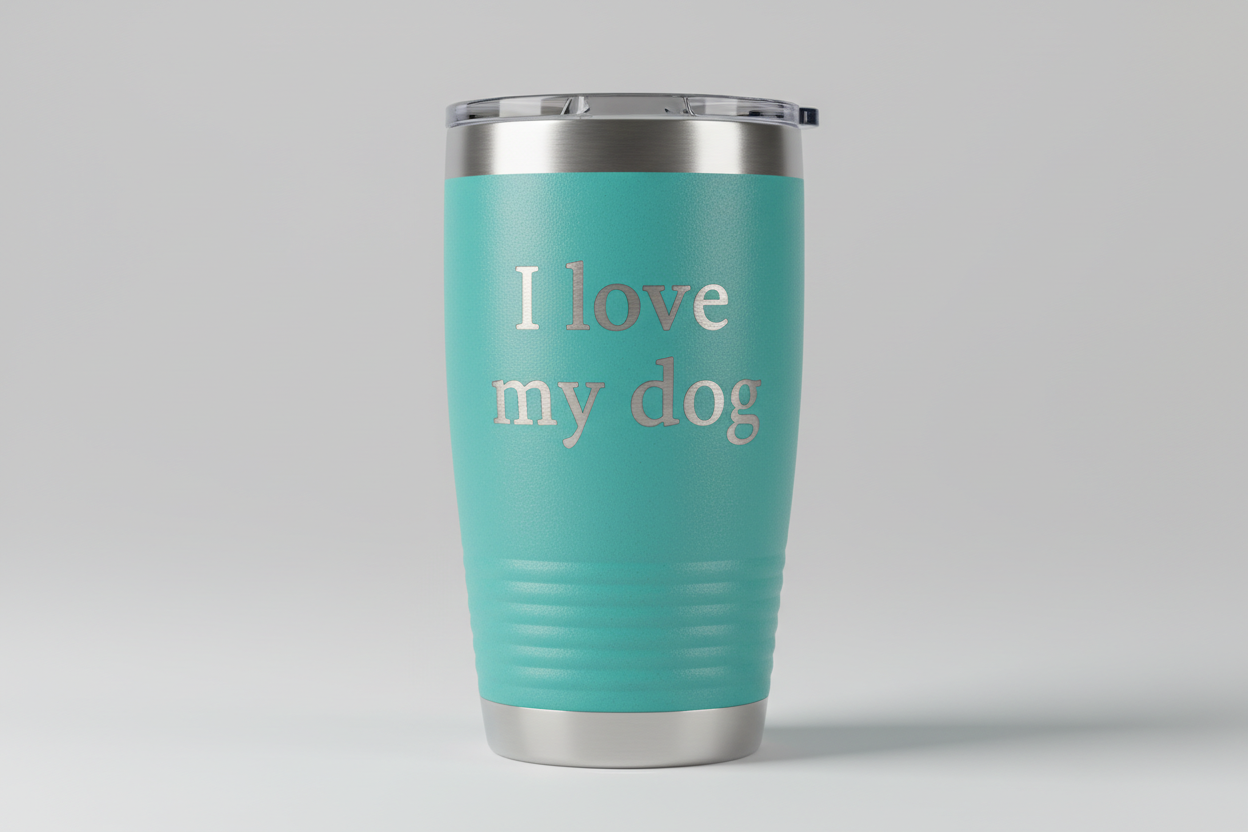 create a turquoise powder coated 20 ounce stainless steel tumbler with the saying I love my dog engraved on it. have the background be a light grey color