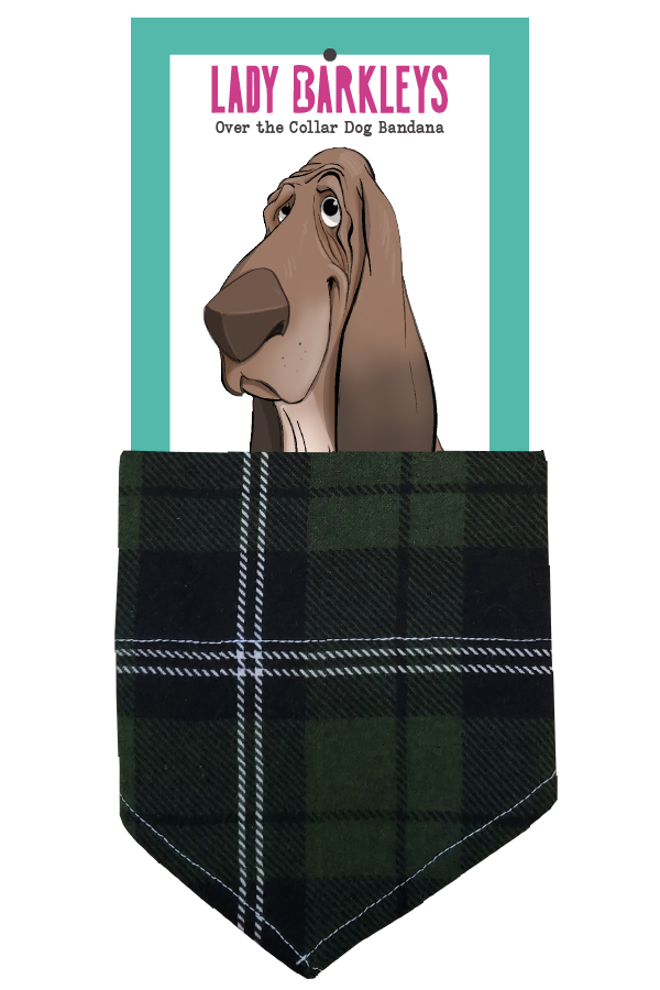 Snuggly Soft Green Flannel Over the Collar Dog Bandana - Handmade over-the-collar dog bandana, stylish and comfortable for pets.