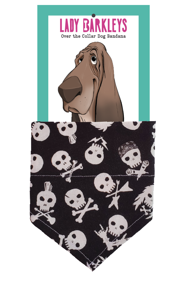 Rocker Skulls Over the Collar Dog Bandana – Slide-On Design - Handmade over-the-collar dog bandana, stylish and comfortable for pets.