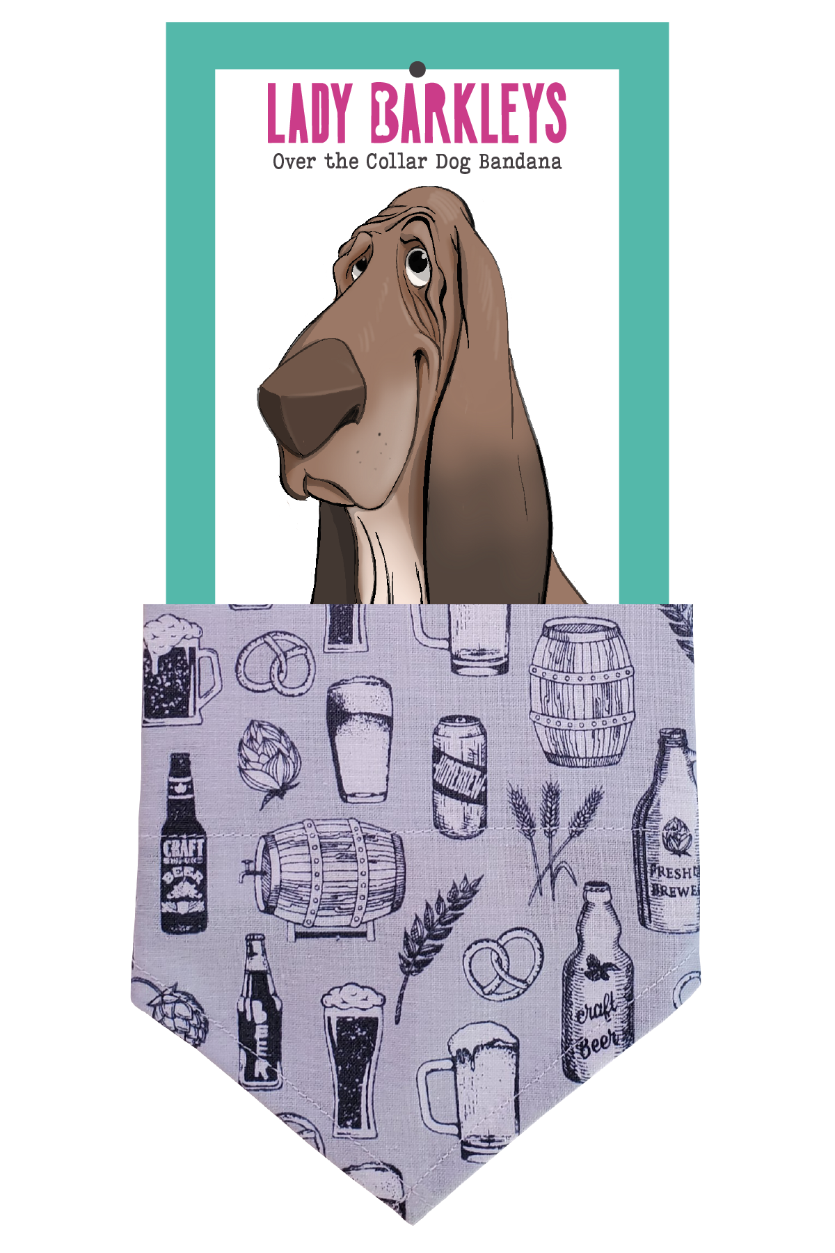 Craft Beer Print Over the Collar Dog Bandana - Slide on design - Handmade over-the-collar dog bandana, stylish and comfortable for pets.