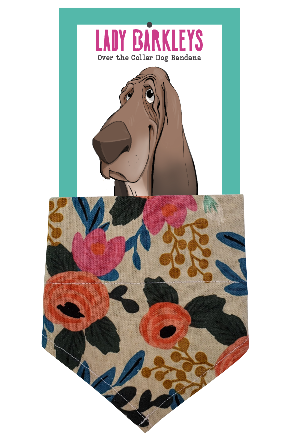 Orange Blossoms Dog Bandana – Handmade Slide-On Collar Bandana - Handmade over-the-collar dog bandana, stylish and comfortable for pets.